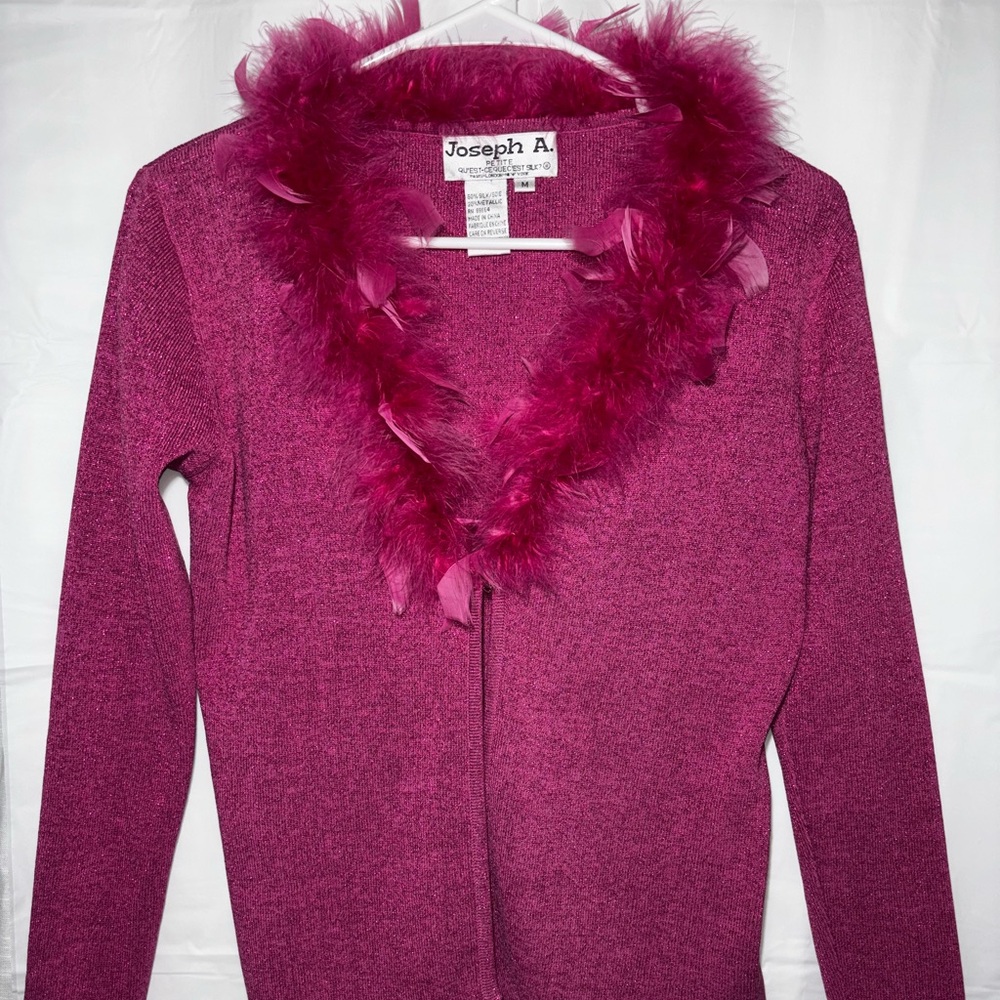 Joseph A Silk Blend Cardigan M Pink Metallic Feather Trim Vintage Y2K Sweater